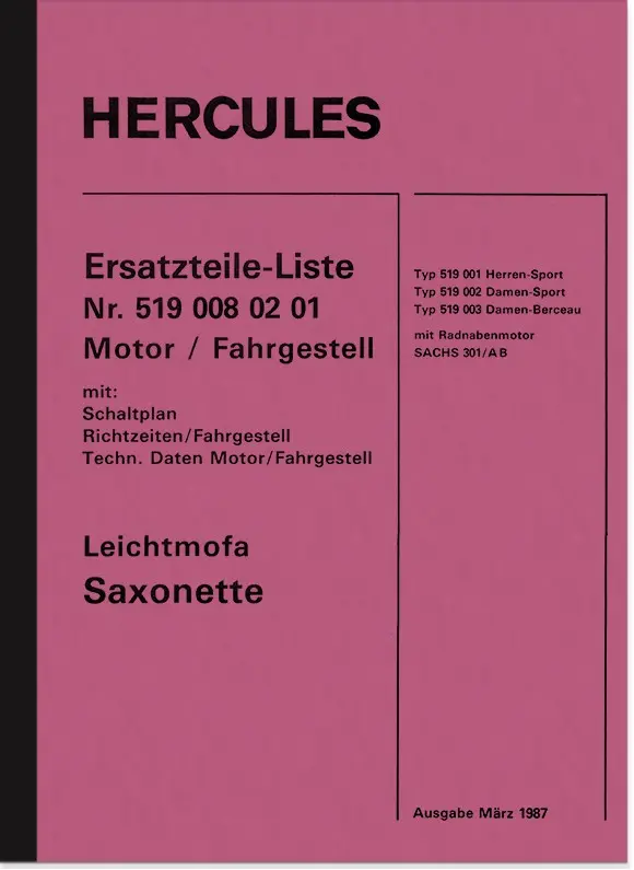 Hercules Sachs Light Moped Saxonette Spare Parts List Spare Parts Catalog Type 519 301
