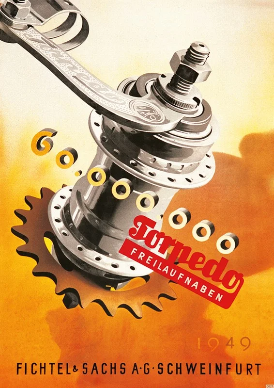 Fichtel und Sachs Torpedo Freilaufnaben 1949 Poster Werbung Reklame