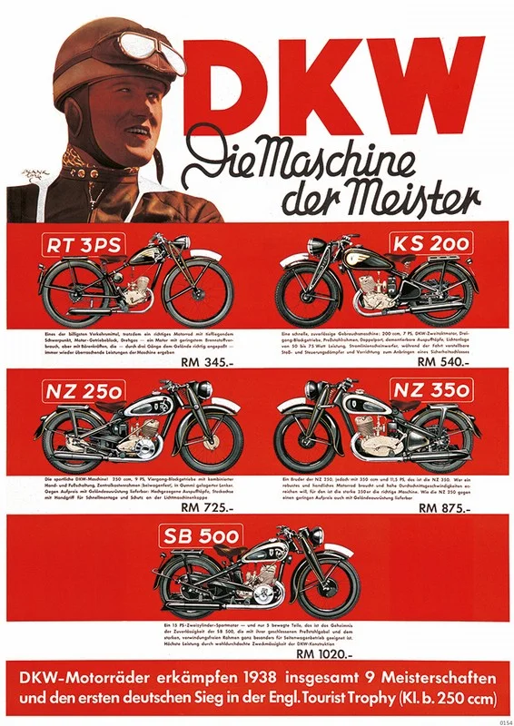 DKW Motorrad Modelle 1938/1939 Vorkrieg RT 3 PS KS 200 NZ 250 350 SB 500 Poster