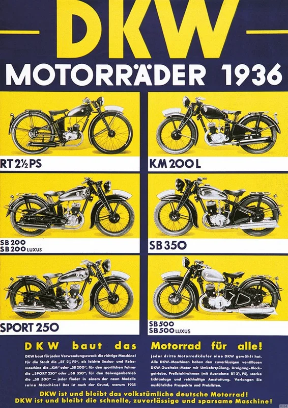 DKW "Motorräder 1936" RT 2,5 PS SB 200 350 500 Luxus 250 Sport KM 200 L Poster