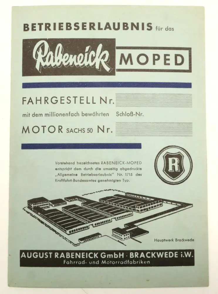Rabeneick Moped Binetta III 3 Blanko Blanco ABE Allgemeine Betriebserlaubnis Typenschein Papiere