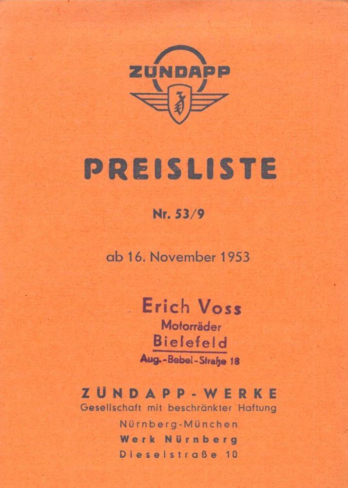 Zündapp original price list No. 53/9 November 1953 (Norma-Luxury Elastic Bella R 150 KS 601 S)